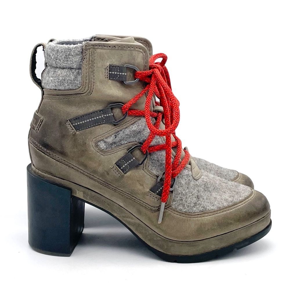 Sorel Blake Heel Leather Lace-Up Booties Stacked Heel Gray Taupe Women’s Size 8 - Picture 4 of 14